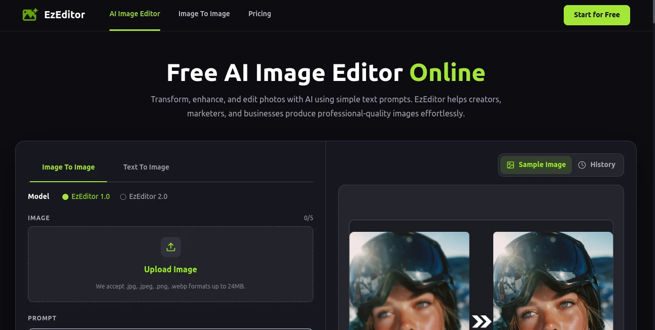 Screenshot of EzEditor – An AI tool in the ,AI Photo Enhancer ,Photo & Image Editor ,AI Background Generator ,AI Image to Image  category, showcasing its interface and key features.