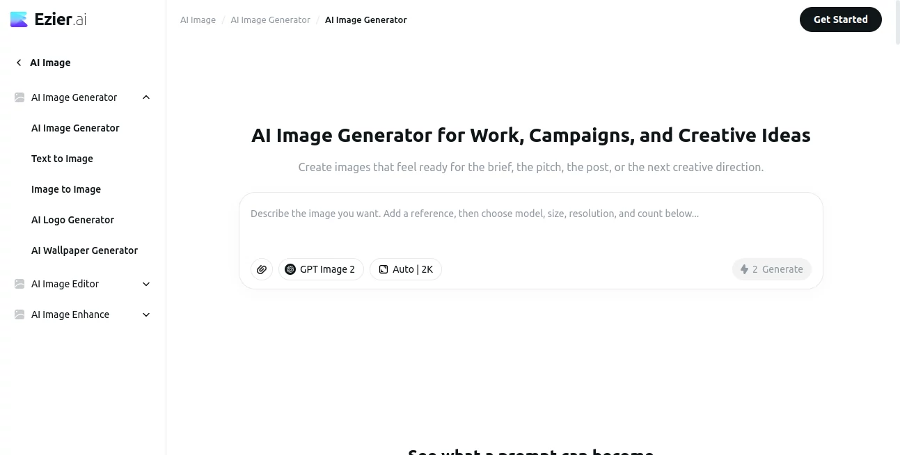Screenshot of Ezier AI Image Generator – An AI tool in the ,AI Text to Image ,AI Photo & Image Generator ,Photo & Image Editor ,AI Image to Image  category, showcasing its interface and key features.