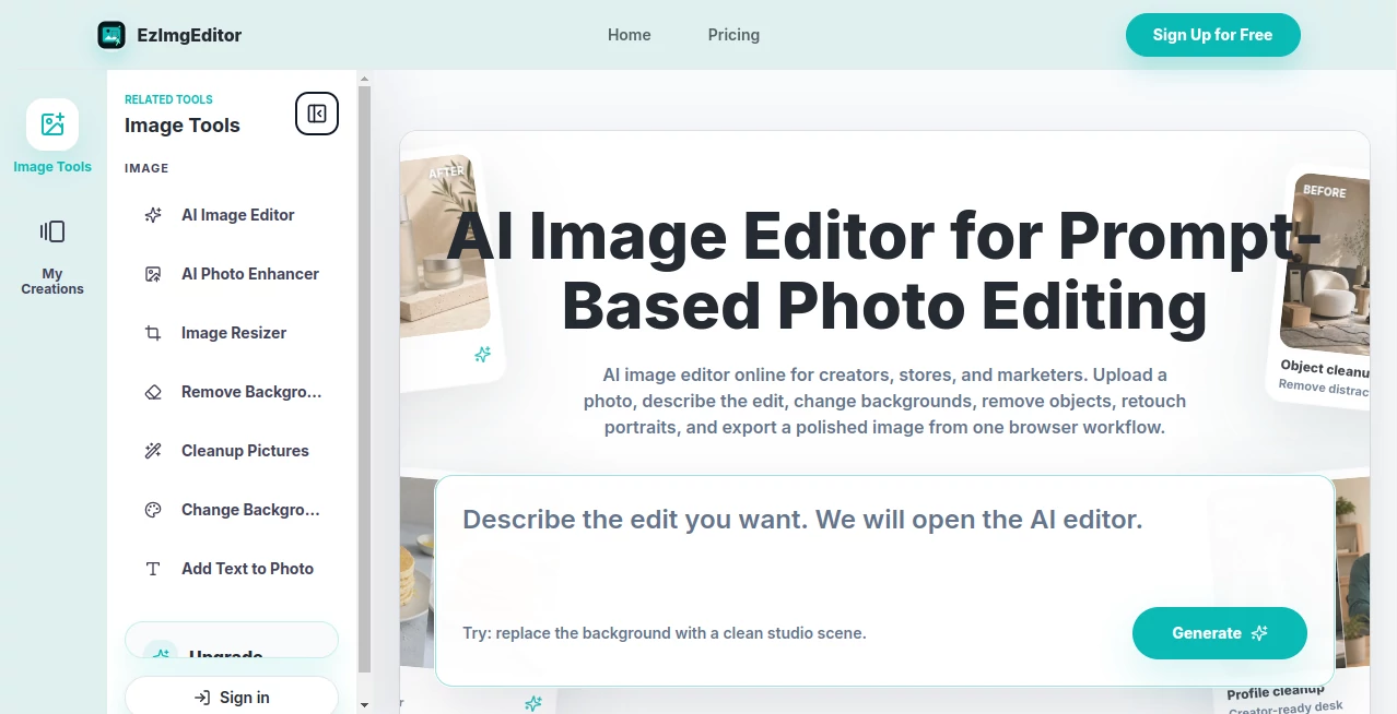Screenshot of EzImgEditor – An AI tool in the ,Photo & Image Editor ,AI Image to Image ,AI Image Recognition ,AI Graphic Design  category, showcasing its interface and key features.