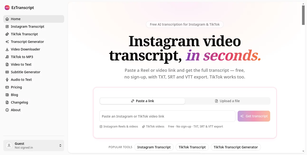 Screenshot of EzTranscript – An AI tool in the ,AI Captions or Subtitle ,AI Transcription ,AI Speech to Text ,AI Voice & Audio Editing  category, showcasing its interface and key features.