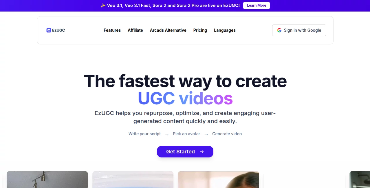 Screenshot of EzUGC – An AI tool in the ,AI Ad Generator ,AI Video Generator ,AI Short Clips Generator ,AI UGC Video Generator  category, showcasing its interface and key features.