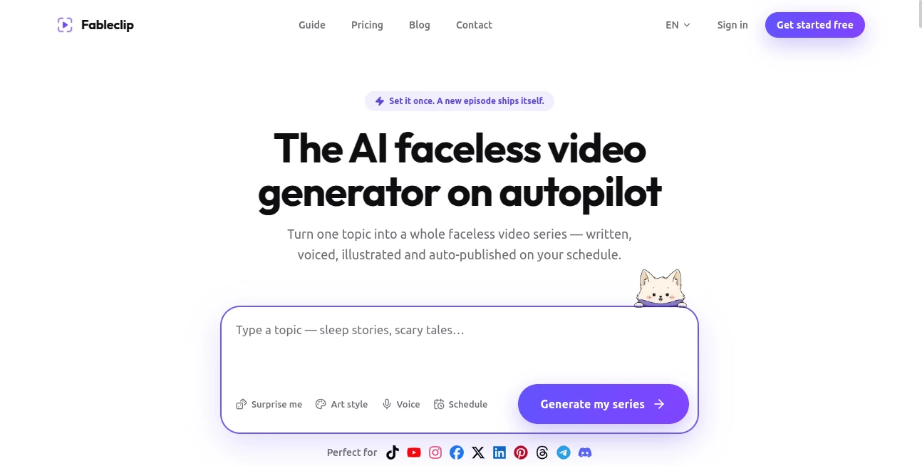 Screenshot of Fableclip – An AI tool in the ,AI Text to Video ,AI Video Generator ,AI Short Clips Generator ,AI Social Media Assistant  category, showcasing its interface and key features.
