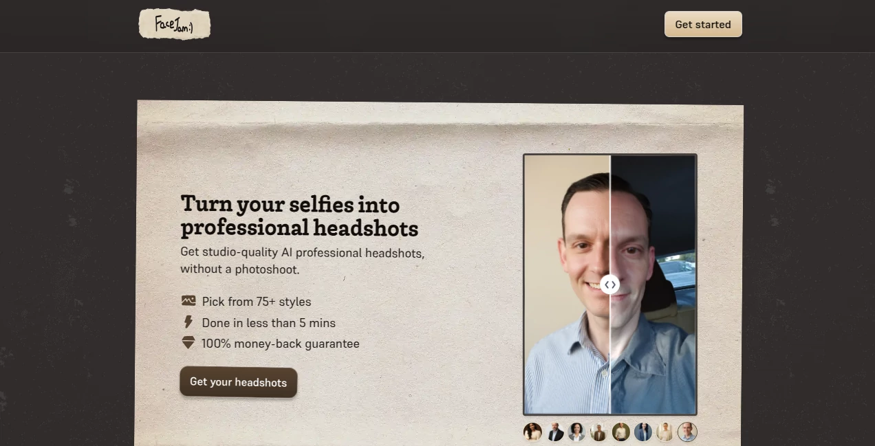 Screenshot of FaceJam – An AI tool in the ,AI Photo & Image Generator ,AI Selfie & Portrait ,AI Photography ,AI Profile Picture Generator  category, showcasing its interface and key features.