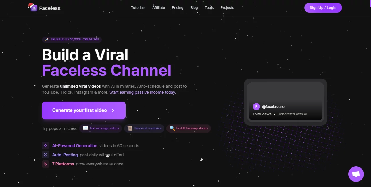 Screenshot of Faceless – An AI tool in the ,AI Animated Video ,AI Text to Video ,AI Video Generator ,AI Short Clips Generator  category, showcasing its interface and key features.