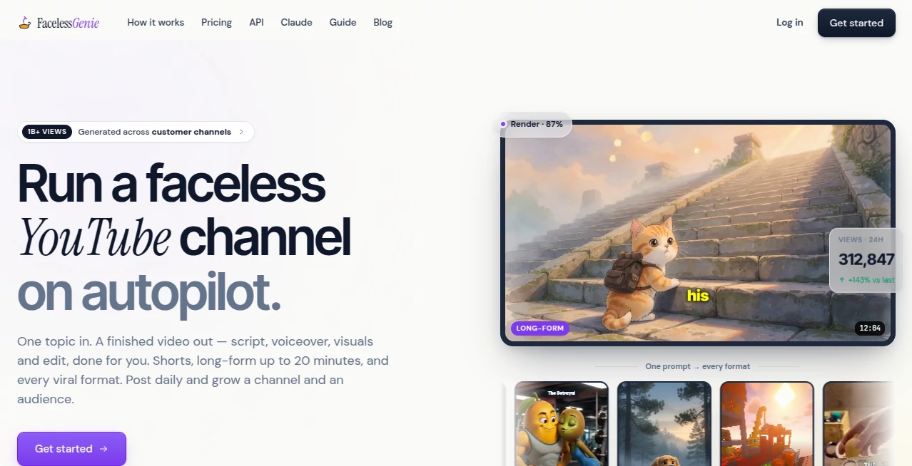 Screenshot of FacelessGenie – An AI tool in the ,AI Text to Video ,AI Video Generator ,AI Short Clips Generator ,AI YouTube Assistant  category, showcasing its interface and key features.