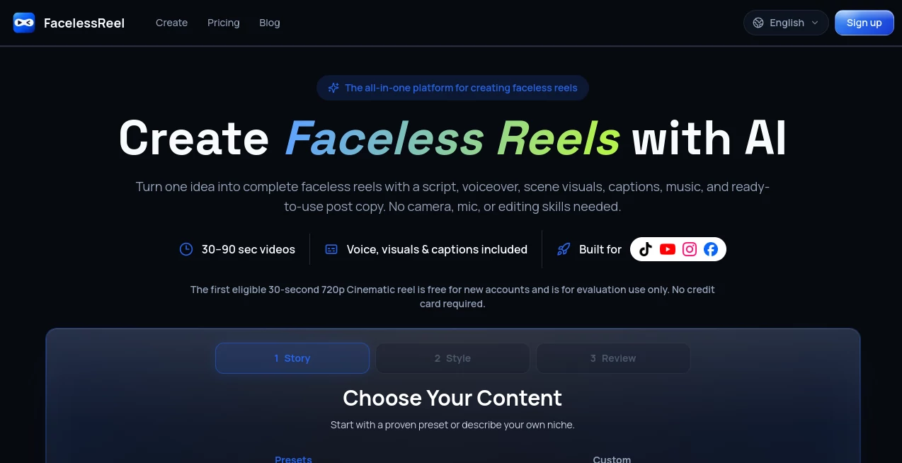 Screenshot of FacelessReel – An AI tool in the ,AI Video Generator ,Video  category, showcasing its interface and key features.