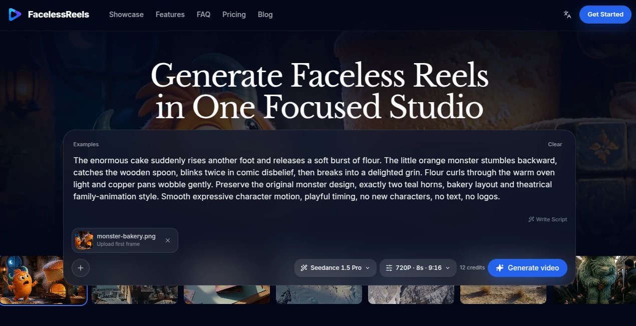 Screenshot of FacelessReels – An AI tool in the ,AI Image to Video ,AI Video Generator ,AI Short Clips Generator ,AI Text to Video  category, showcasing its interface and key features.