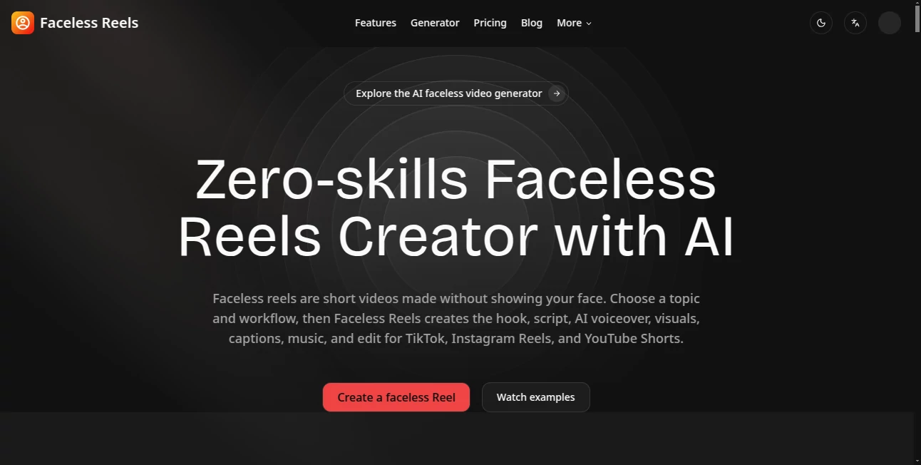 Screenshot of Faceless Reels – An AI tool in the ,AI Animated Video ,AI Image to Video ,AI Text to Video ,AI Video Generator  category, showcasing its interface and key features.