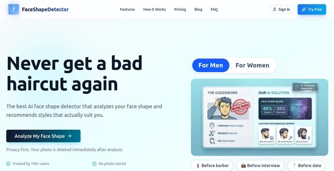 Screenshot of FaceShapeDetector – An AI tool in the ,AI Fun Tools ,AI Image Recognition ,Photo & Image Editor ,AI Design Generator  category, showcasing its interface and key features.