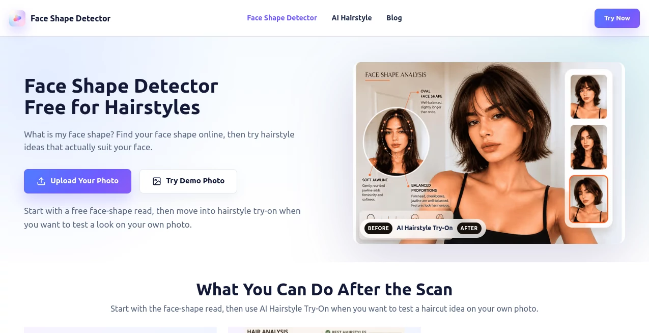 Screenshot of Face Shape Detector Free for Hairstyles & Beauty – An AI tool in the ,Photo & Image Editor ,AI Image Recognition ,AI Design Generator ,AI Graphic Design  category, showcasing its interface and key features.