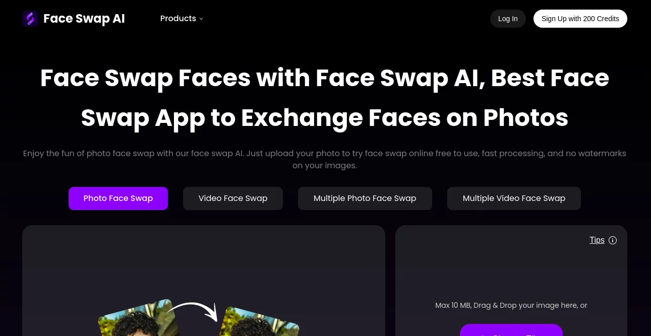 Screenshot of Face Swap AI – An AI tool in the ,Photo & Image Editor ,AI Photo Enhancer ,AI Face Swap Generator ,AI Image to Image  category, showcasing its interface and key features.