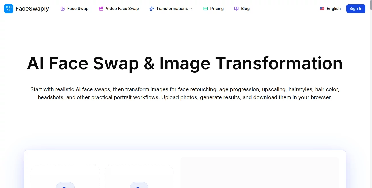 Screenshot of FaceSwaply – An AI tool in the ,AI Image Recognition ,AI Face Swap Generator ,AI Image to Video ,AI Video Generator  category, showcasing its interface and key features.