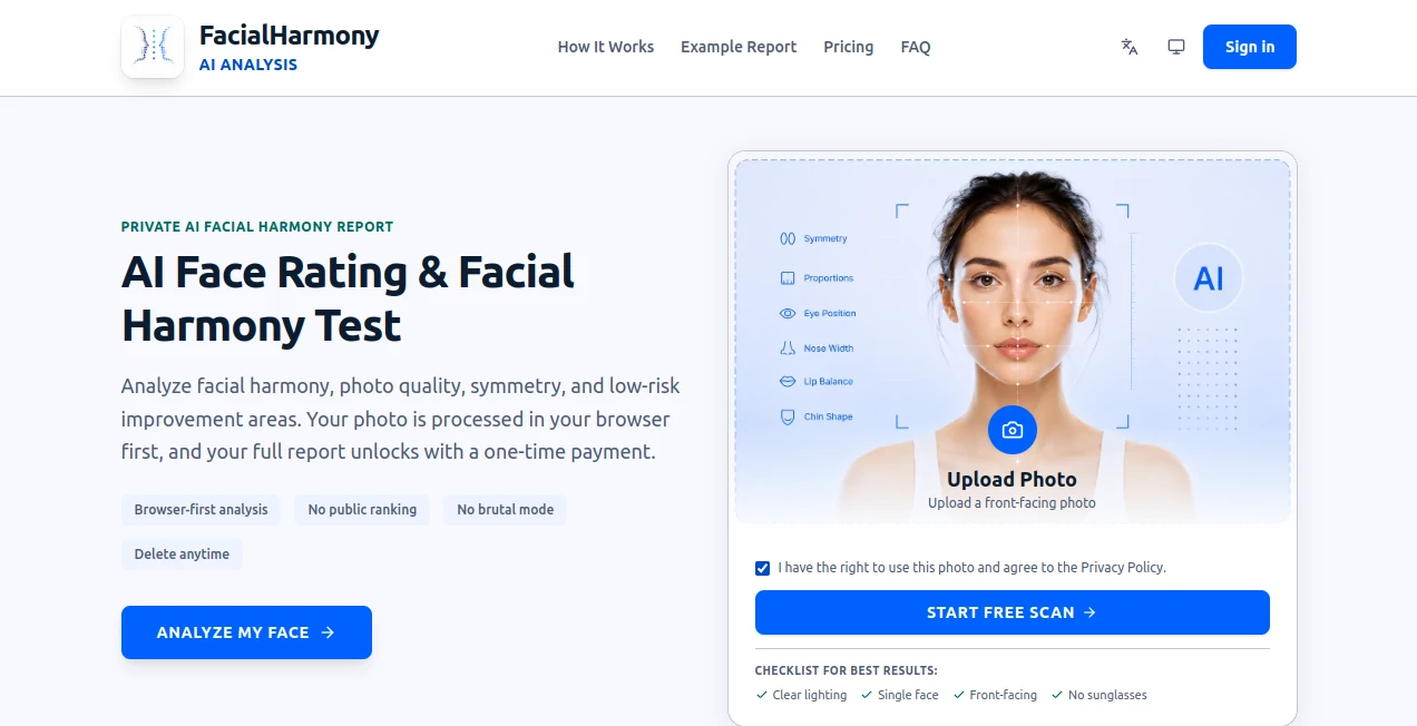 Screenshot of FacialHarmonyAI – An AI tool in the ,AI Selfie & Portrait ,AI Photo Enhancer ,AI Photography ,AI Image Recognition  category, showcasing its interface and key features.