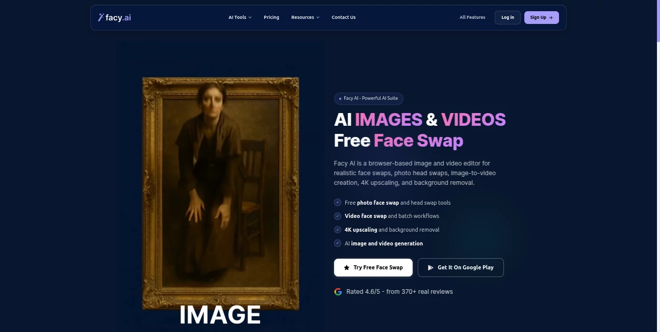 Screenshot of Facy AI – An AI tool in the ,AI Image to Video ,AI Face Swap Generator ,AI Image to Image ,AI Text to Image  category, showcasing its interface and key features.