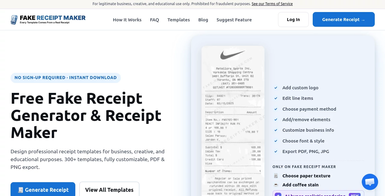 Screenshot of Fake Receipt Maker – An AI tool in the ,AI Forms & Surveys ,Other  category, showcasing its interface and key features.