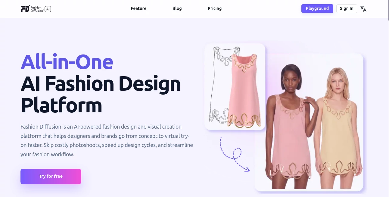 Screenshot of Fashion Diffusion AI – An AI tool in the ,AI Clothing Generator ,AI Art Generator ,AI Design Generator ,AI Image to Image  category, showcasing its interface and key features.