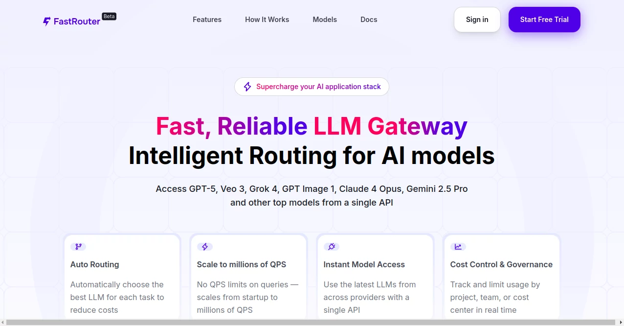 Screenshot of FastRouter – An AI tool in the ,AI Workflow Management ,AI Code Assistant ,AI API Design ,AI Developer Tools  category, showcasing its interface and key features.