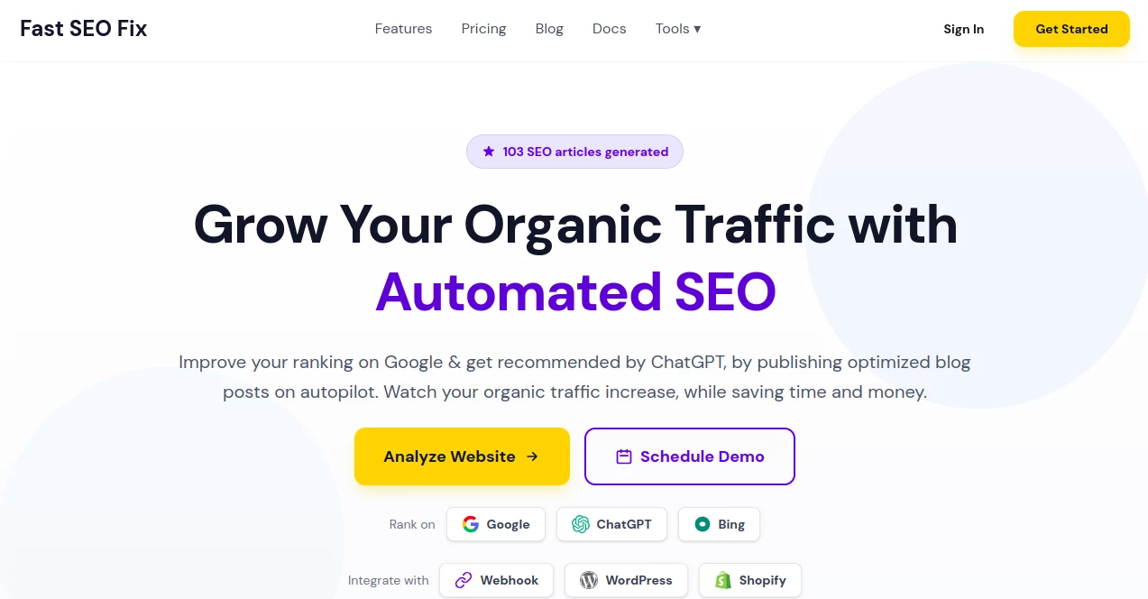Screenshot of Fast SEO Fix – An AI tool in the ,AI SEO Assistant ,AI Content Generator ,AI Research Tool ,AI Blog Writer  category, showcasing its interface and key features.