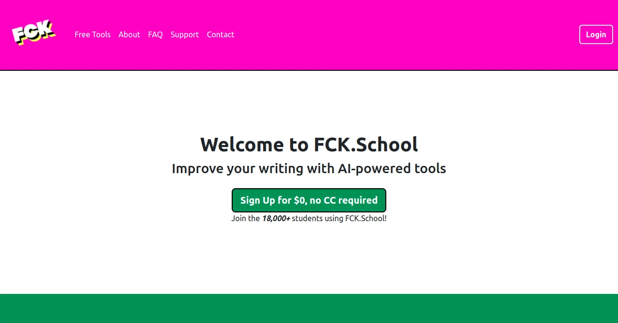 Screenshot of FCK School – An AI tool in the ,AI Grammar Checker ,AI Summarizer ,AI Education Assistant ,AI Rewriter  category, showcasing its interface and key features.