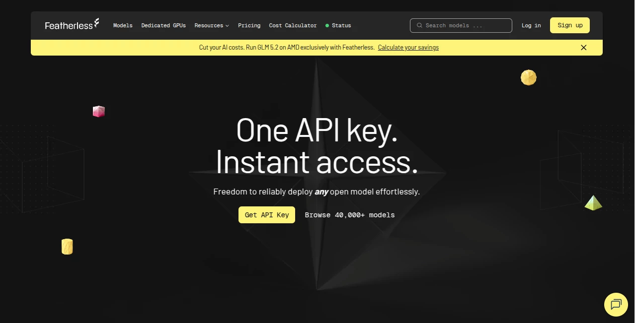 Screenshot of Featherless AI – An AI tool in the ,AI API Design ,AI Developer Tools ,AI Chatbot ,Large Language Models (LLMs)  category, showcasing its interface and key features.