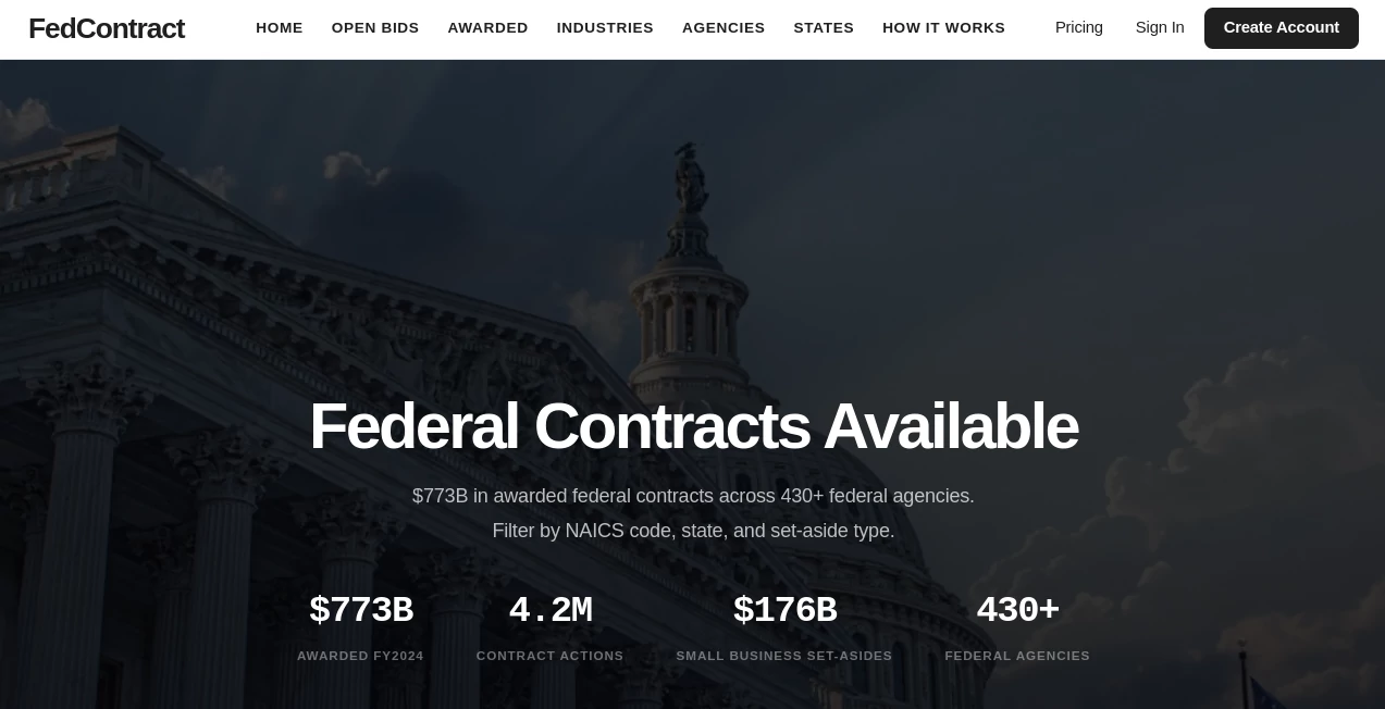 Screenshot of FedContracts – An AI tool in the ,AI Research Tool ,AI E-commerce Assistant  category, showcasing its interface and key features.