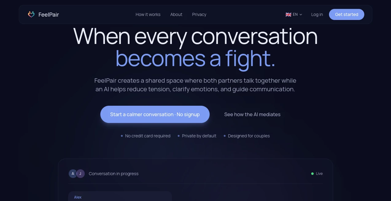Screenshot of FeelPair – An AI tool in the ,AI Chatbot ,AI Life Assistant ,AI Mental Health ,AI Coaching  category, showcasing its interface and key features.