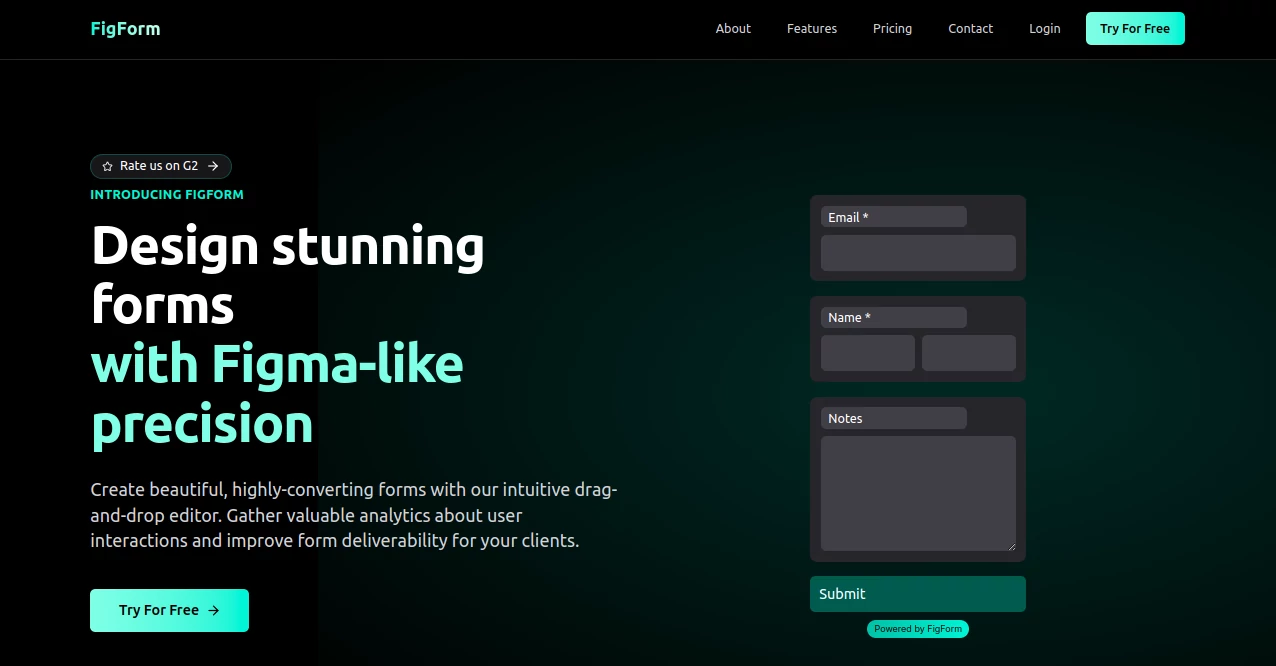 Screenshot of FigForm – An AI tool in the ,AI Landing Page Builder ,AI Design Assistant ,AI No-Code & Low-Code ,AI Forms & Surveys  category, showcasing its interface and key features.