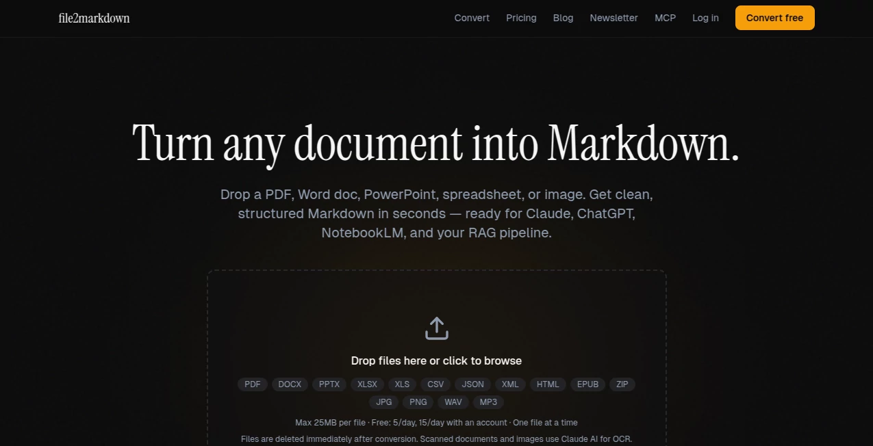 Screenshot of file2markdown – An AI tool in the ,AI Document Extraction ,AI PDF ,AI Documents Assistant ,AI Files Assistant  category, showcasing its interface and key features.