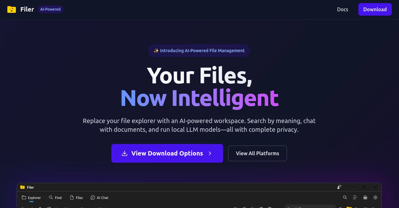 Screenshot of Filer AI – An AI tool in the ,AI Knowledge Management ,AI Documents Assistant ,AI Files Assistant ,AI Search Engine  category, showcasing its interface and key features.