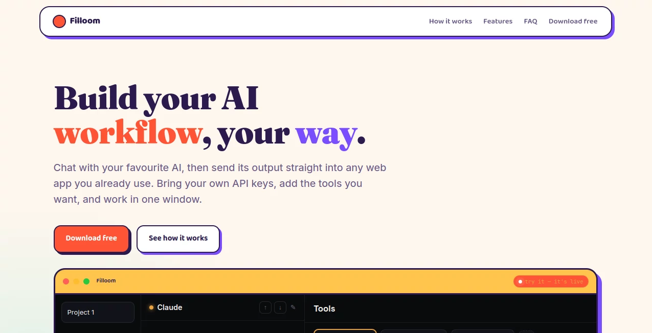 Screenshot of Filloom – An AI tool in the ,AI Developer Tools ,AI Productivity Tools ,AI Team Collaboration ,AI Workflow Management  category, showcasing its interface and key features.