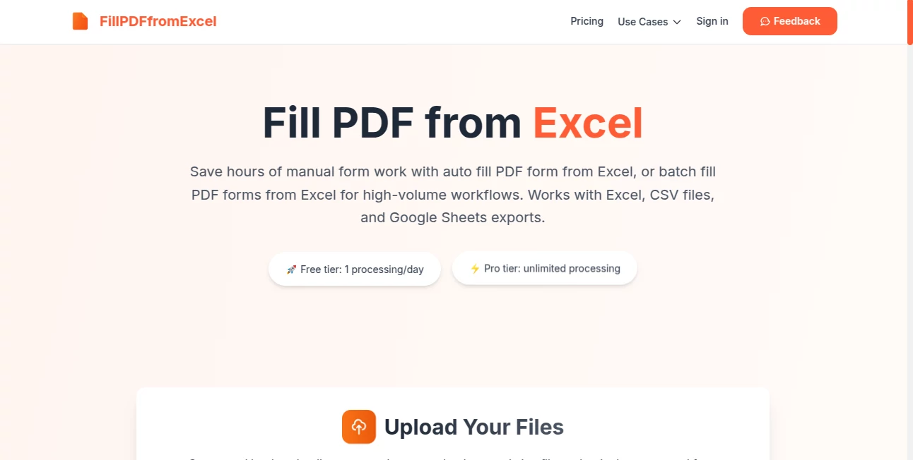 Screenshot of Fill PDF from Excel – An AI tool in the ,AI PDF ,AI Forms & Surveys ,AI Documents Assistant  category, showcasing its interface and key features.