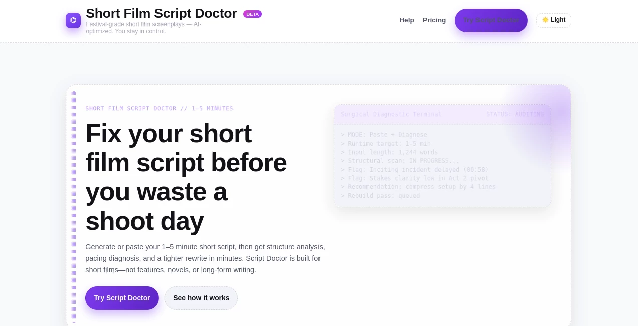 Screenshot of Short Film Script Doctor – An AI tool in the ,AI Image to Video ,AI Video Editor ,AI Text to Video ,AI Video Generator  category, showcasing its interface and key features.