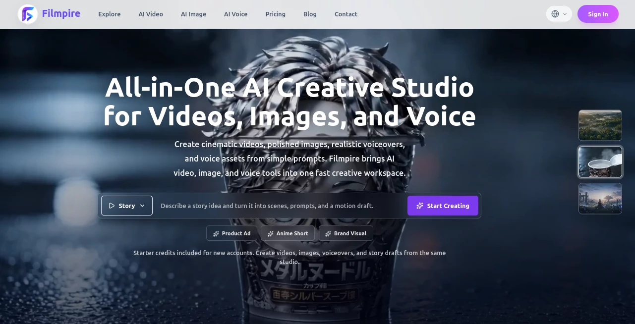 Screenshot of Filmpire – An AI tool in the ,AI Photo & Image Generator ,AI Text to Video ,AI Video Generator ,AI Voice & Audio Editing  category, showcasing its interface and key features.