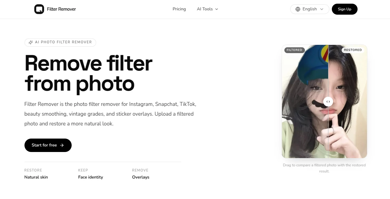 Screenshot of Filter Remover – An AI tool in the ,AI Background Remover ,Photo & Image Editor ,AI Photo Restoration ,AI Image to Image  category, showcasing its interface and key features.