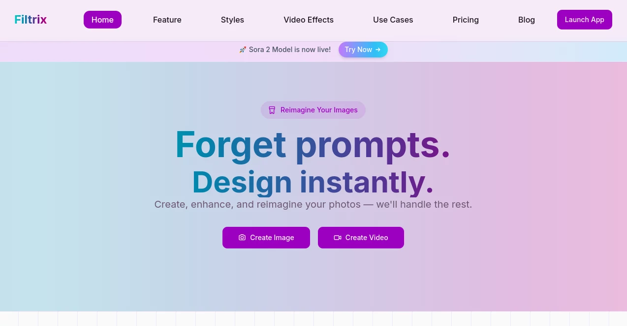 Screenshot of Filtrix – An AI tool in the ,AI Photo & Image Generator ,AI Image to Video ,AI Design Assistant ,AI E-commerce Assistant  category, showcasing its interface and key features.