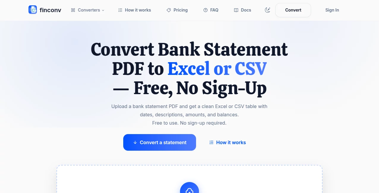 Screenshot of FinConv – An AI tool in the ,AI Document Extraction ,AI PDF ,AI Accounting Assistant ,AI Spreadsheet  category, showcasing its interface and key features.