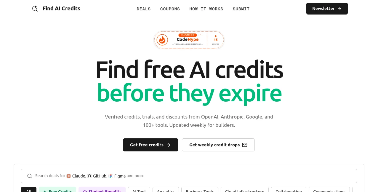 Screenshot of Find AI Credits – An AI tool in the ,AI Tools Directory  category, showcasing its interface and key features.