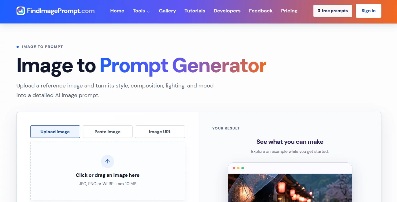 Screenshot of FindImagePrompt.com – An AI tool in the ,AI Photo & Image Generator ,AI Photography ,AI Text to Image  category, showcasing its interface and key features.