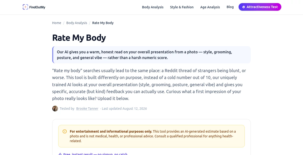 Screenshot of Rate My Body – An AI tool in the ,AI Image Recognition ,AI Selfie & Portrait ,AI Photography  category, showcasing its interface and key features.