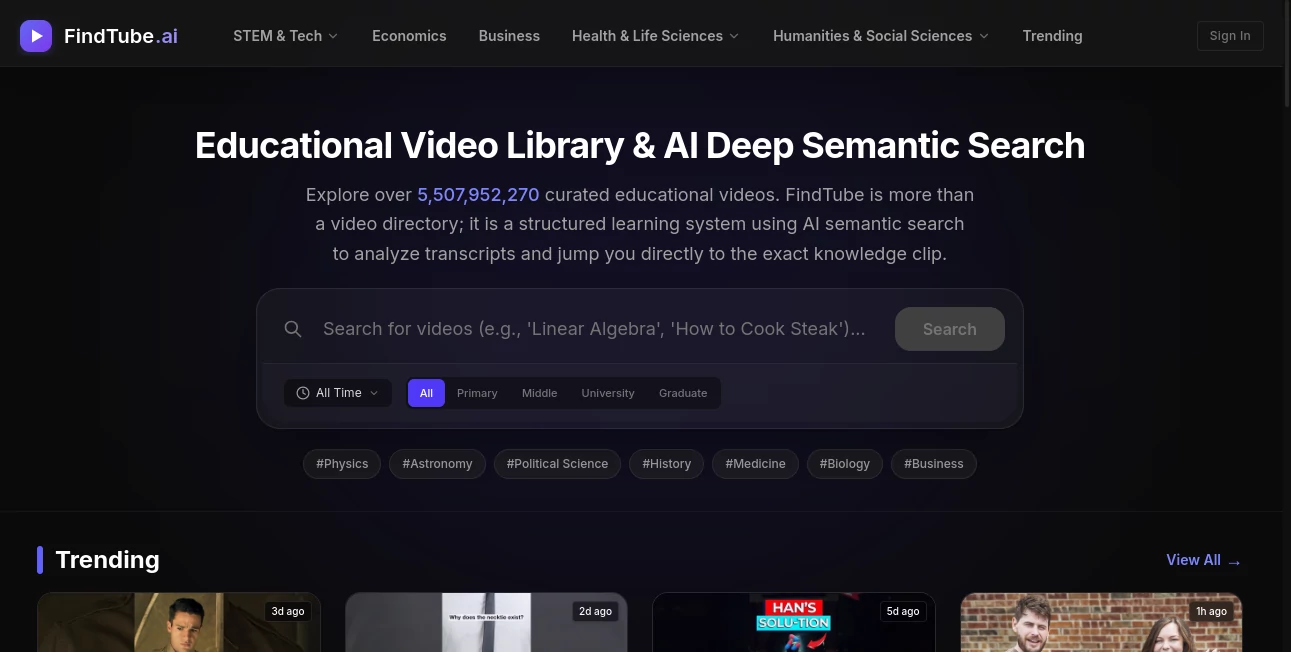 Screenshot of FindTube.ai – An AI tool in the ,AI Tutorial ,AI Course ,AI Education Assistant  category, showcasing its interface and key features.