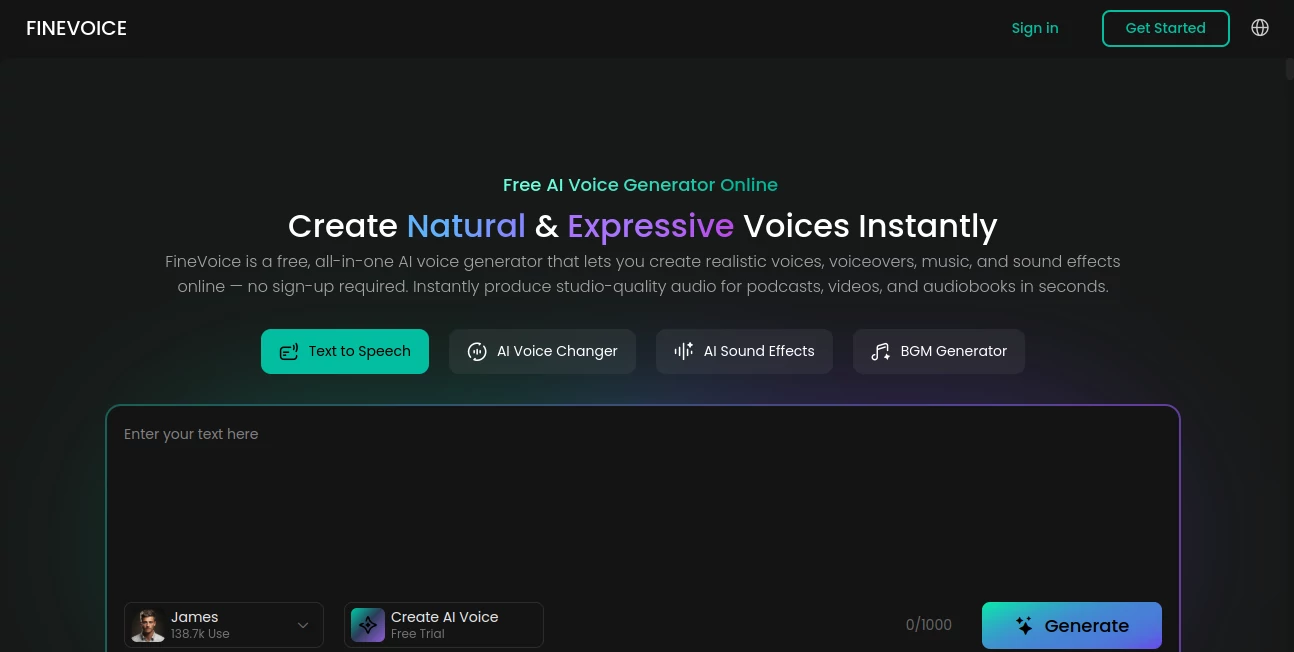 Screenshot of FINEVOICE AI – An AI tool in the ,AI Text to Speech ,AI Voice & Audio Editing ,AI Voice Cloning ,AI Speech Synthesis  category, showcasing its interface and key features.