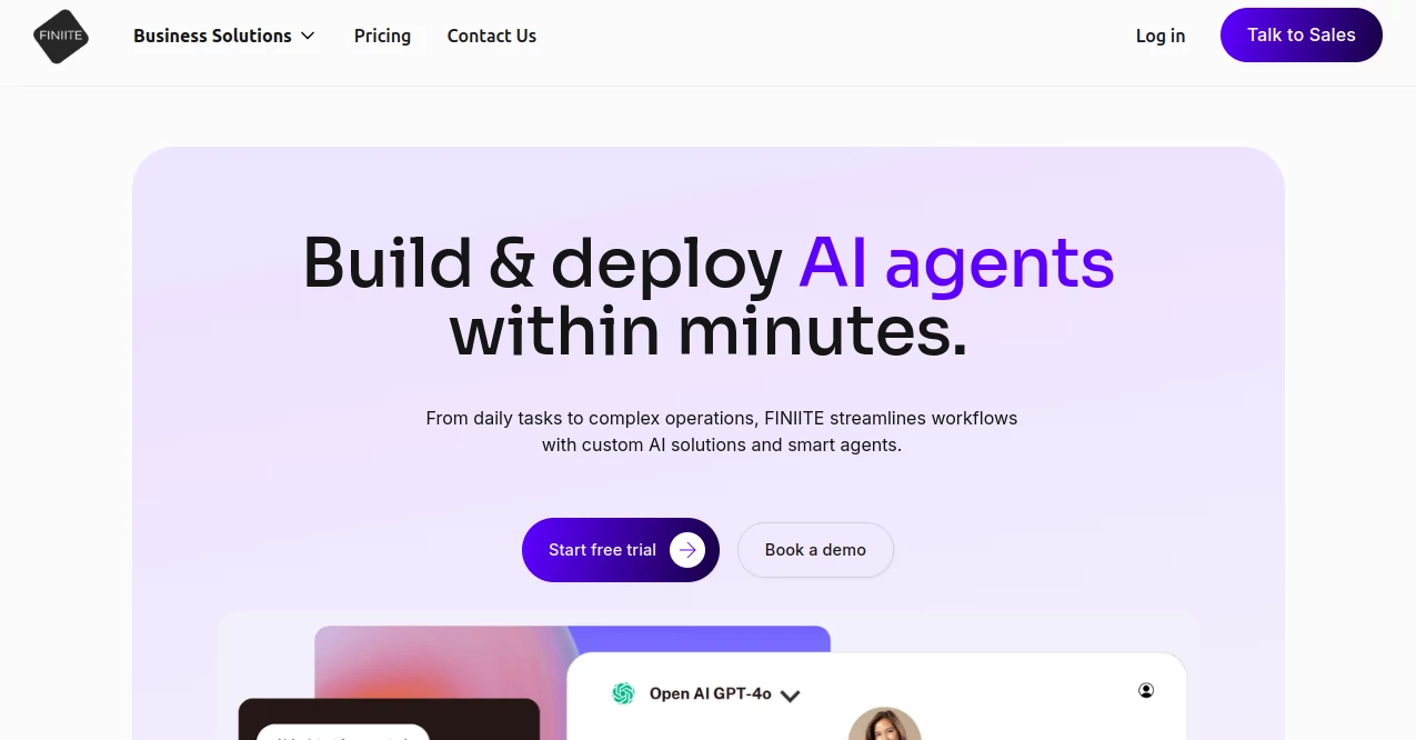 Screenshot of FINIITE AI – An AI tool in the ,AI Customer Service Assistant ,AI Workflow Management ,AI Productivity Tools ,AI Chatbot  category, showcasing its interface and key features.