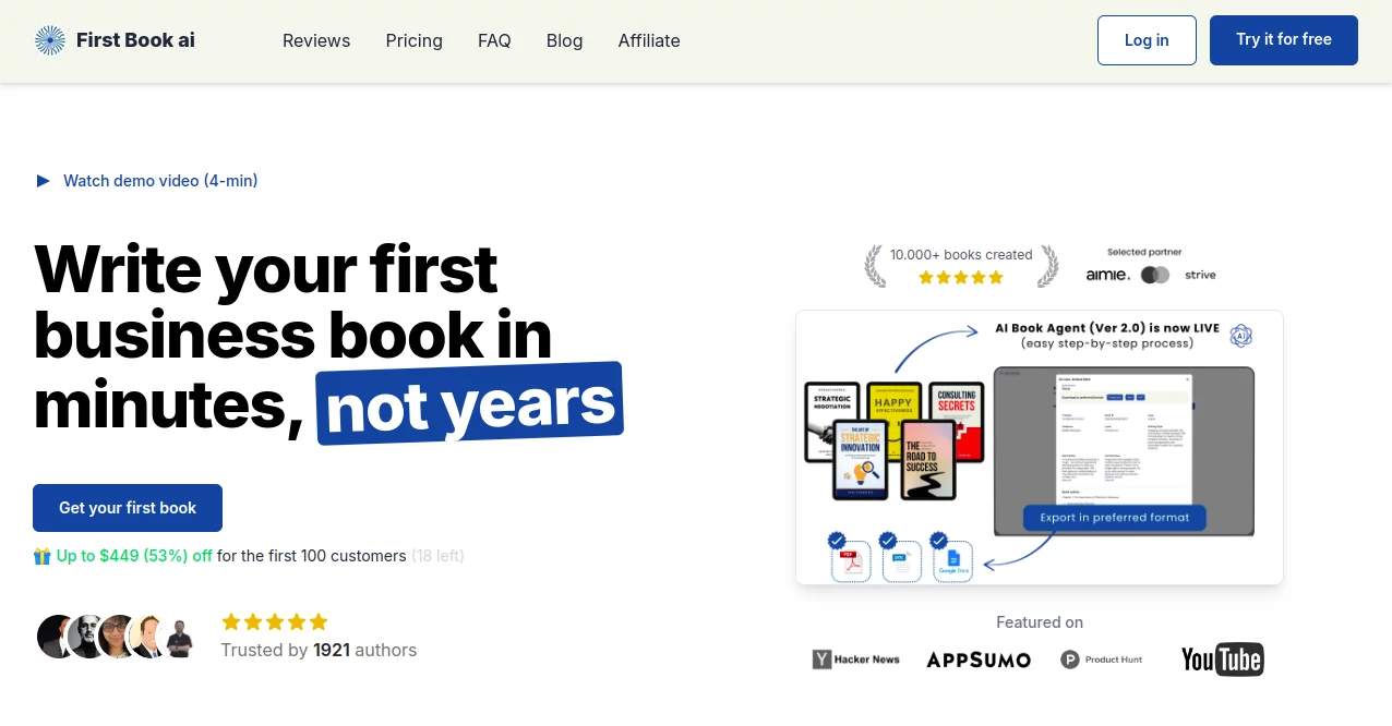 Screenshot of First Book ai – An AI tool in the ,AI Book Writing ,AI Content Generator ,AI General Writing ,AI Writing Assistants  category, showcasing its interface and key features.
