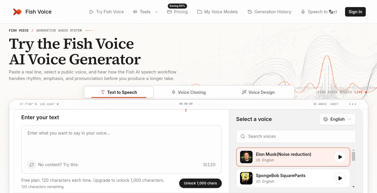 Screenshot of Fish Voice – An AI tool in the ,AI Text to Speech ,AI Voice & Audio Editing ,AI Voice Cloning ,AI Speech Recognition  category, showcasing its interface and key features.