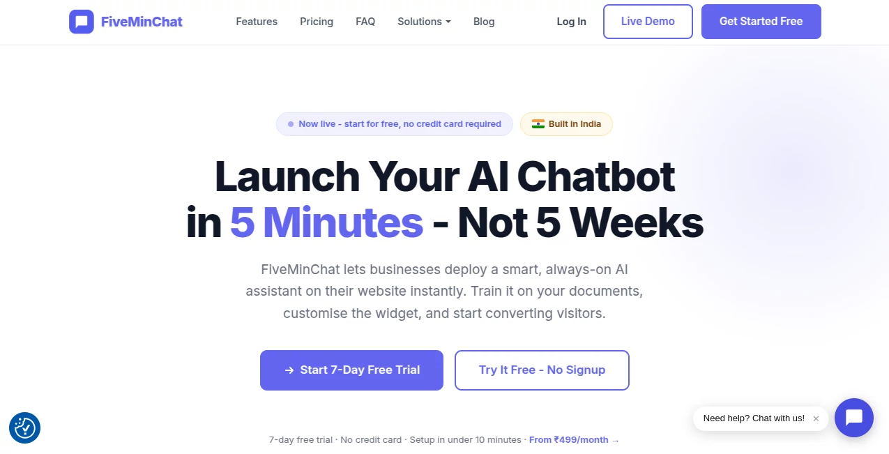 Screenshot of FiveMinChat – An AI tool in the ,AI Lead Generation ,AI Chatbot ,AI Customer Service Assistant ,Business  category, showcasing its interface and key features.