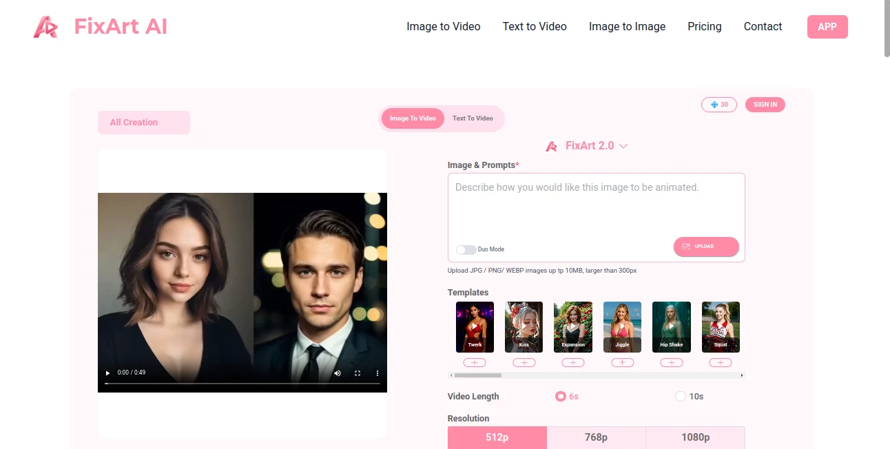 Screenshot of FixArt AI – An AI tool in the ,AI Image to Video ,AI Video Generator ,AI Text to Video ,AI Text to Image  category, showcasing its interface and key features.