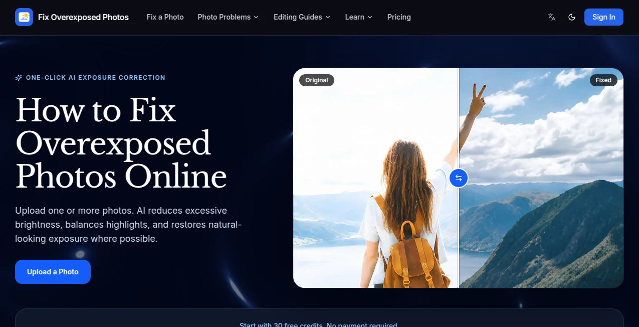 Screenshot of Fix Overexposed Photos – An AI tool in the ,Photo & Image Editor ,AI Photo Enhancer ,AI Photo Restoration  category, showcasing its interface and key features.