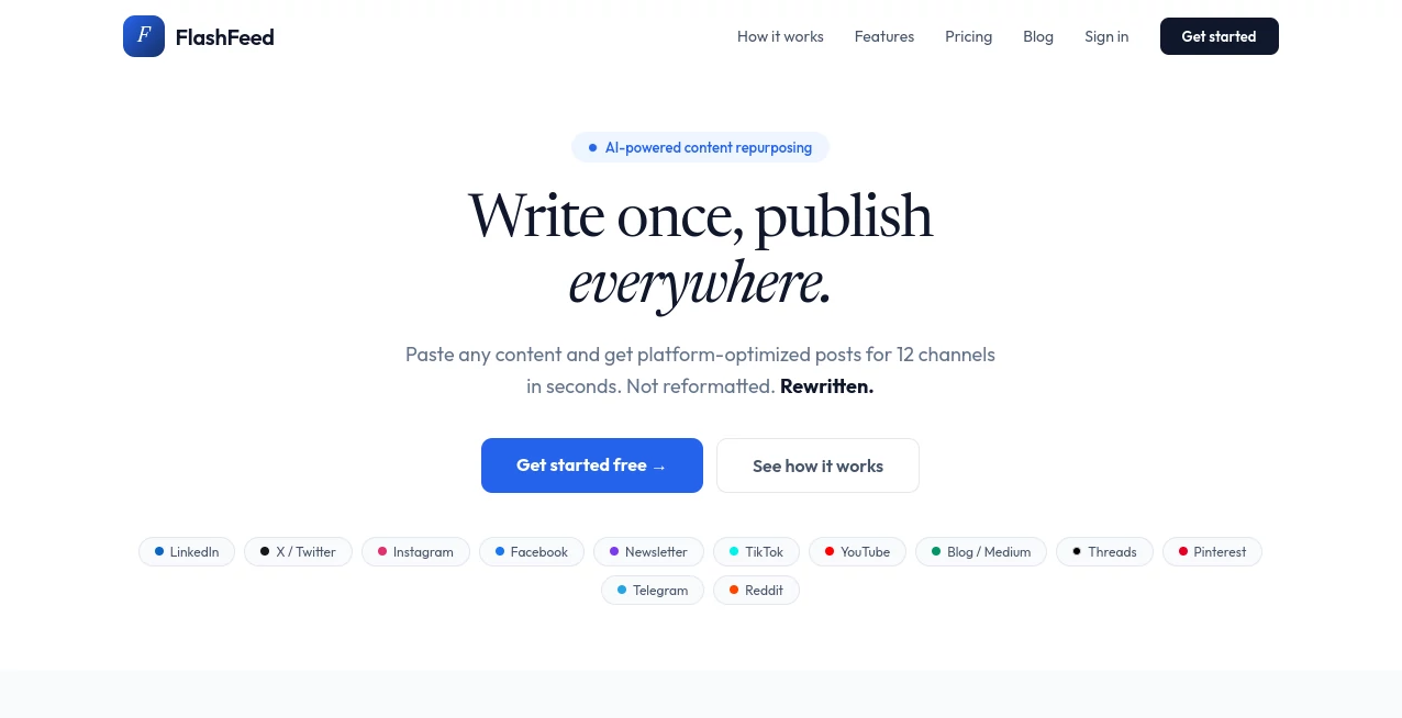 Screenshot of FlashFeed – An AI tool in the ,AI Content Generator ,AI Social Media Assistant ,AI Repurpose Assistant ,AI Marketing Plan Generator  category, showcasing its interface and key features.