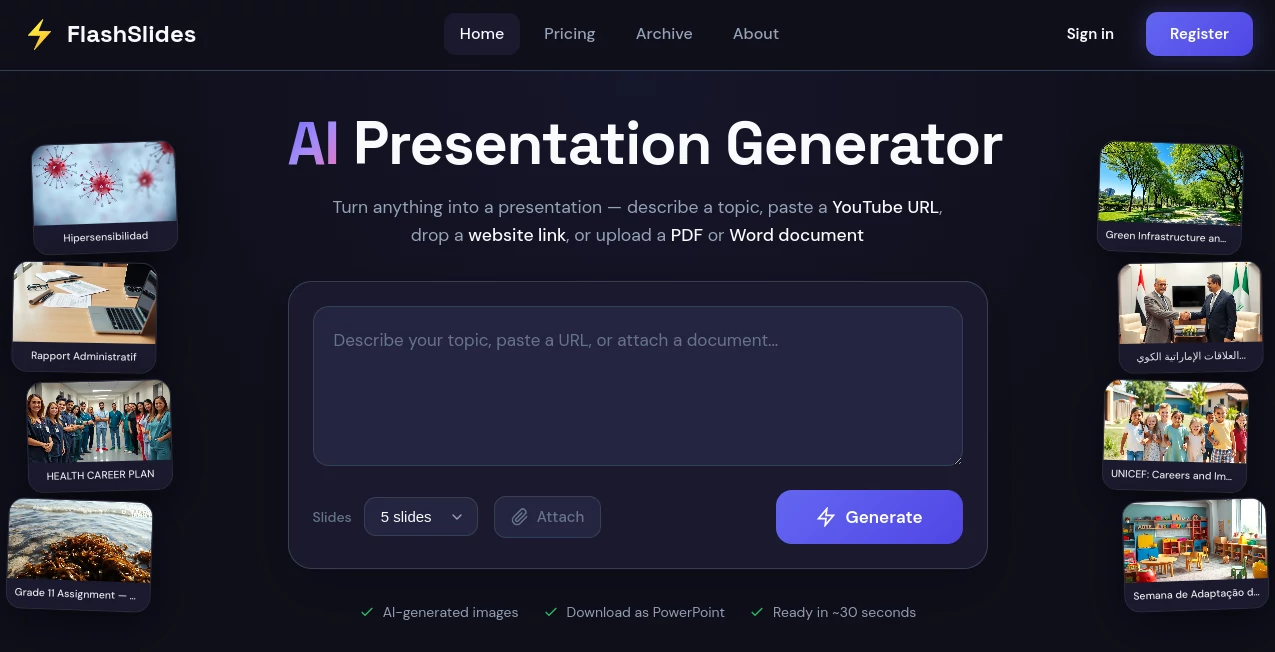 Screenshot of FlashSlides – An AI tool in the ,AI Content Generator ,AI Design Generator ,AI Presentation Generator ,AI Productivity Tools  category, showcasing its interface and key features.