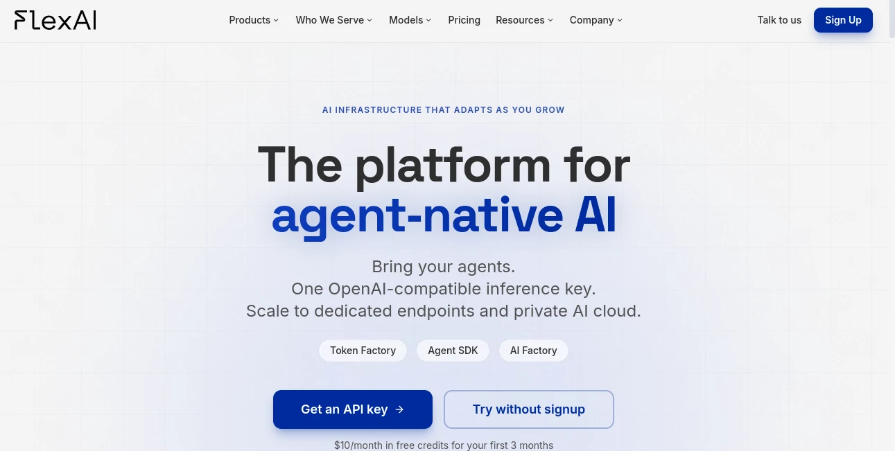 Screenshot of FlexAI – An AI tool in the ,AI API Design ,Large Language Models (LLMs) ,AI Developer Tools ,AI DevOps Assistant  category, showcasing its interface and key features.